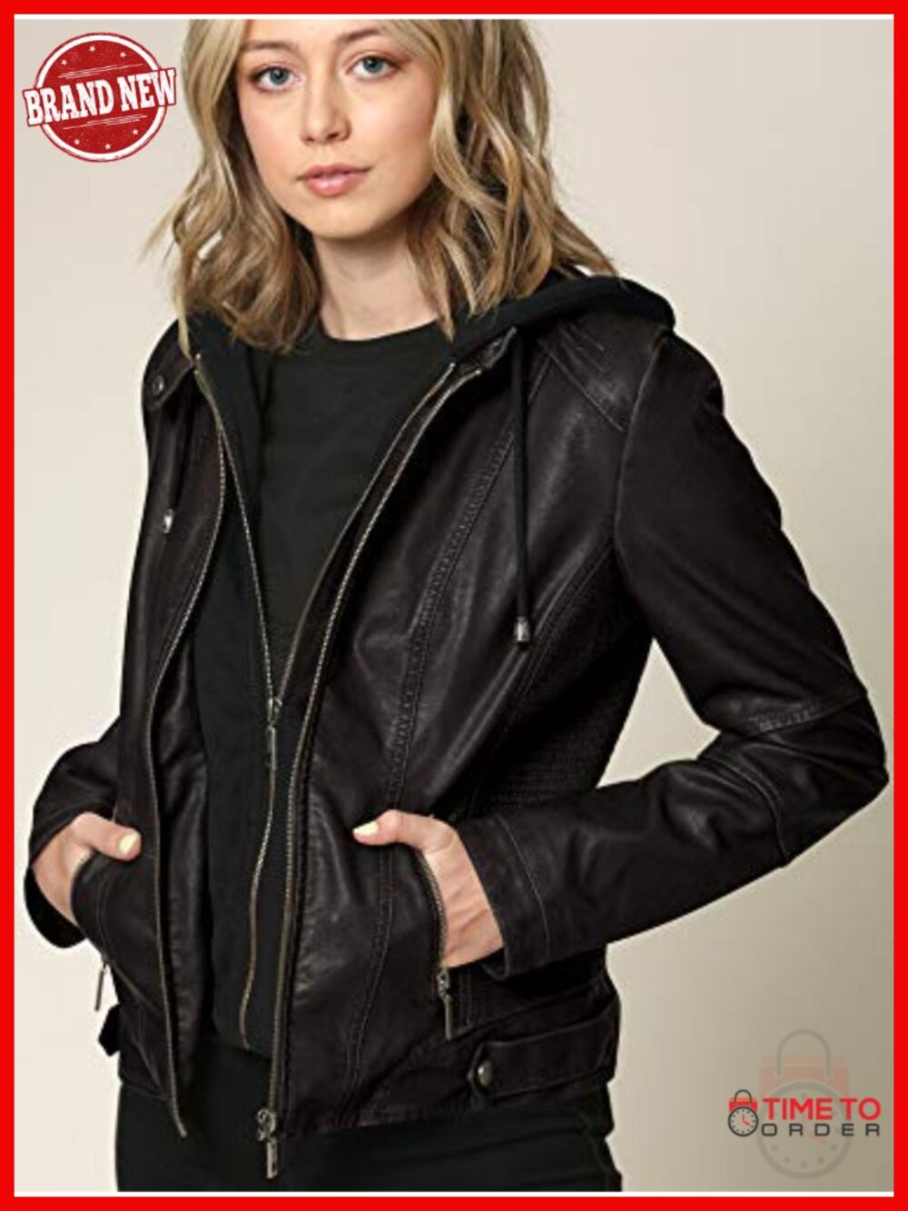 Faux Leather Moto Biker Jacket Coat with Removable Hood - Picture 2 of 6